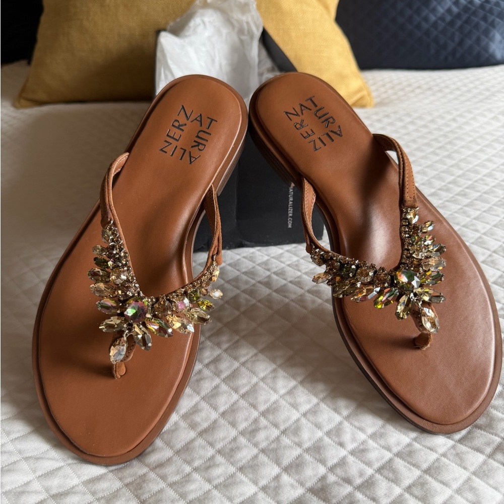 Naturalizer Brown Jeweled Thong Sandals with Iridescent Crystal Accents